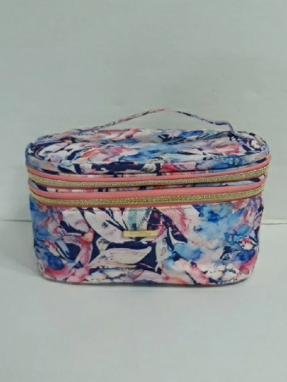 Sophia Joy Double Zip Cosmetic Case Blue & Pink In Breezy Fashion Pattern *EUC*